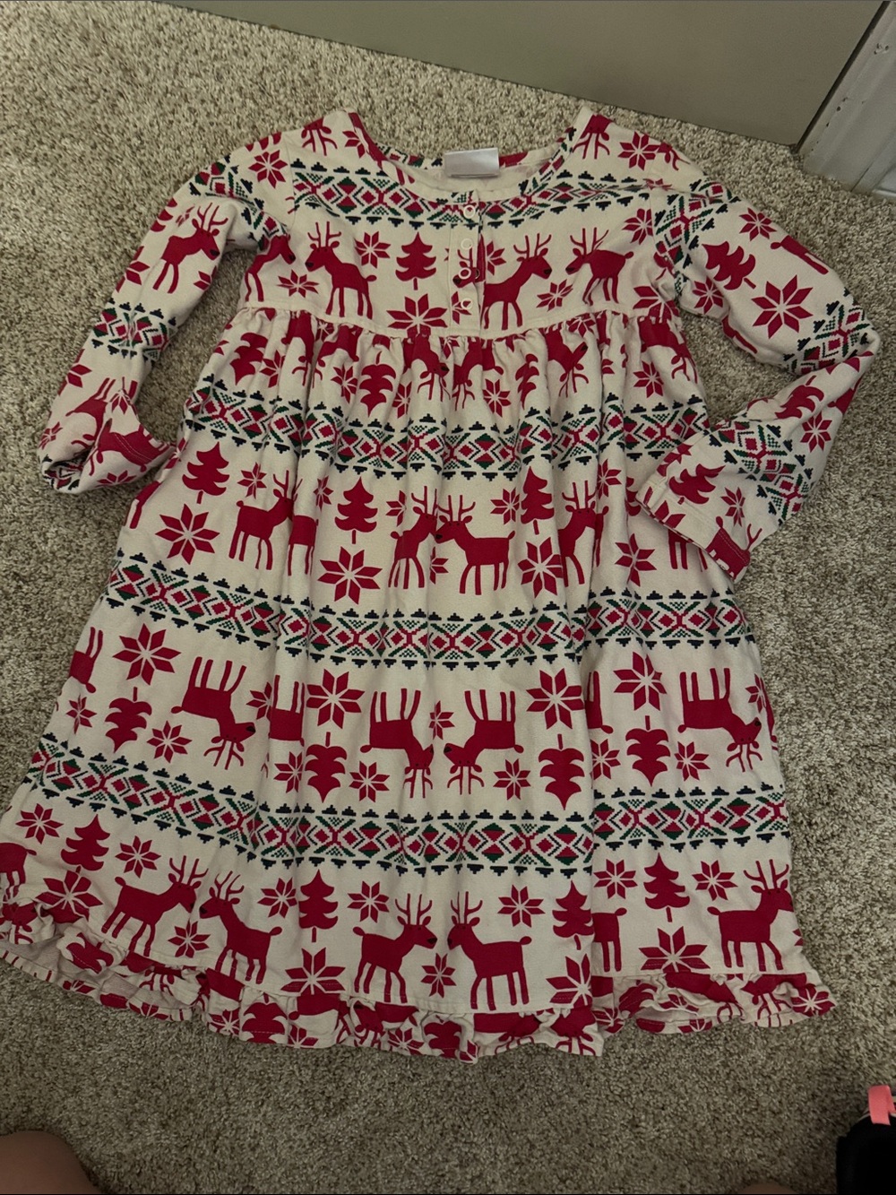 Hanna Andersson Cream Dress with Red Reindeer and Green Accents